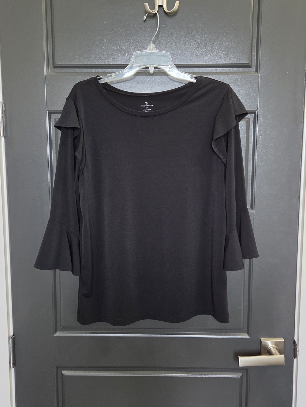 Worthington Black Ruffle-Sleeve 3/4 Sleeve Top